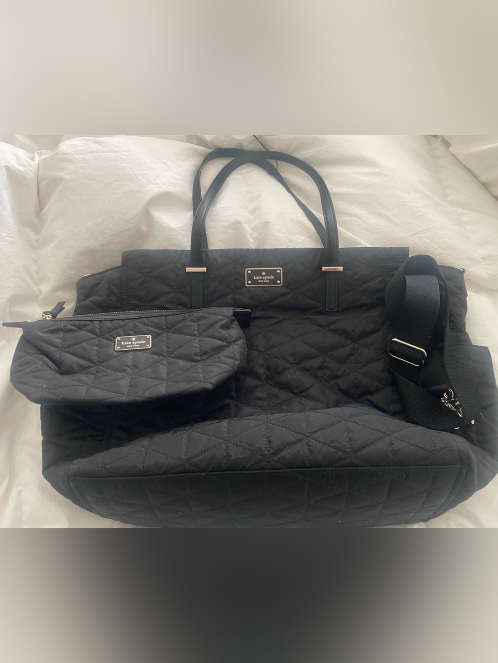 kate spade Black Quilted Tote/Diaper bag with Matching Pouch